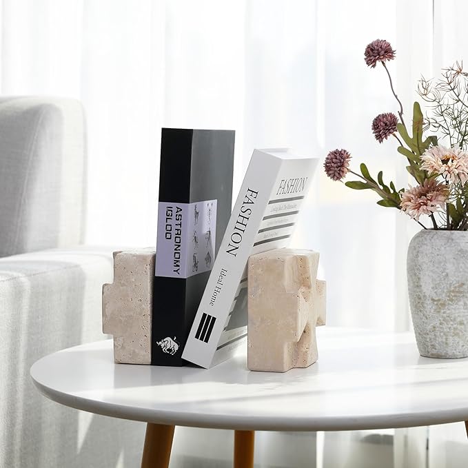 Decorative Square Marble Bookends for Heavy Books – Unique Book Ends for Shelves – Modern Aesthetic Book Holder/Stopper with Non-Slip Pads for Chic Home, Office, or Library Decor(Travertino Turkey)