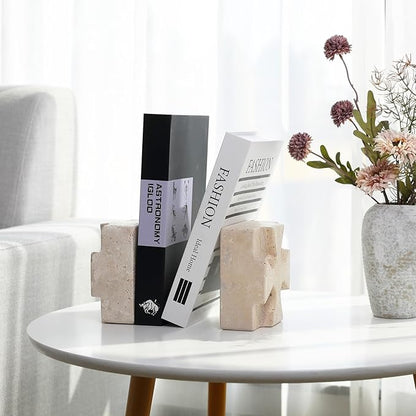 Decorative Square Marble Bookends for Heavy Books – Unique Book Ends for Shelves – Modern Aesthetic Book Holder/Stopper with Non-Slip Pads for Chic Home, Office, or Library Decor(Travertino Turkey)