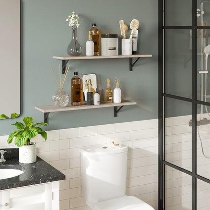 DINZI LVJ Wall Shelves, 23.6 x 7.9 x 6.1 Inch Floating Shelves for Wall, Set of 2, Easy-to-Install Wall Storage Ledges with Sturdy Metal Brackets for Living Room, Bathroom, Kitchen, Greige
