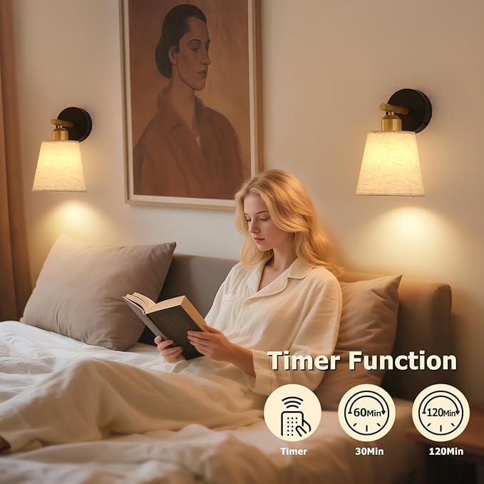 JOOSENLUX Battery Operated Wall Sconce Set of 2 with Fabric Shade – Rechargeable Cordless Wall Lamps, Remote Control, Dimmable LED, Black and Gold, Modern Decorative Accent Light