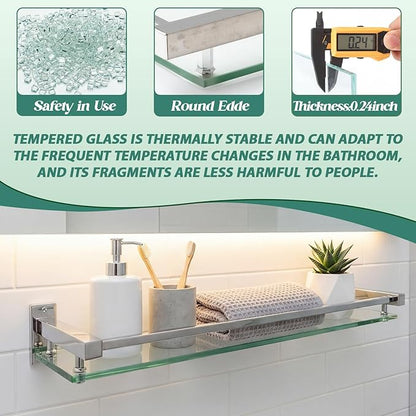 3 Pack 20 Inch Glass Bathroom Shelves for Wall, Wall Mount Glass Shelves with Stainless Steel Rail, Modern Floating Bathroom Shelf Organizer, Rectangular Room Decor for Sink, Over Toilet