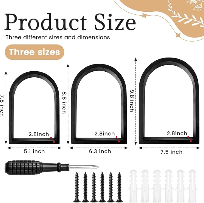 3 Set Wall Shelf 9.8 x 7.1 Inch Wooden Hanging Shelf Deep Display Storage Shelves Floating Shelves for Home Office Room Mini Figures Potted Plants Wall Decor(Arched,Black)