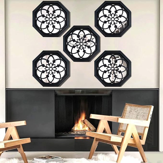 2-Piece Octagon Wall-Mounted Mirrors,Vintage Farmhouse Mirror for Wall Decor,Black Decorative Accent Mirror for Foyer, Bathroom, Bedroom. (12”x12”)