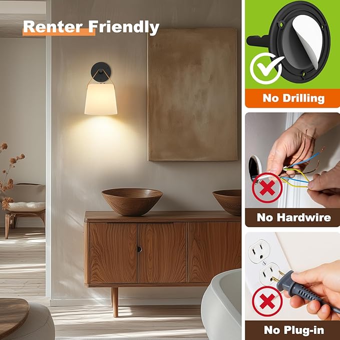 TACAHE Rechargeable Wall Sconce - Plastic Frosted Lampshade - 3 Color Temp & 5 Brightness - Remote Control - 5000 mAh Battery Operated - Cordless Wall Lamp for Camper, RV - Set of 2 (Black)