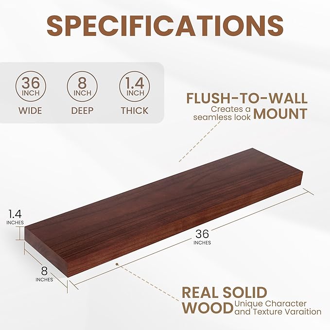 Fun Memories Rustic Real Wood Floating Shelves, 8 Inch Deep Floating Shelf Wall Mounted, 36