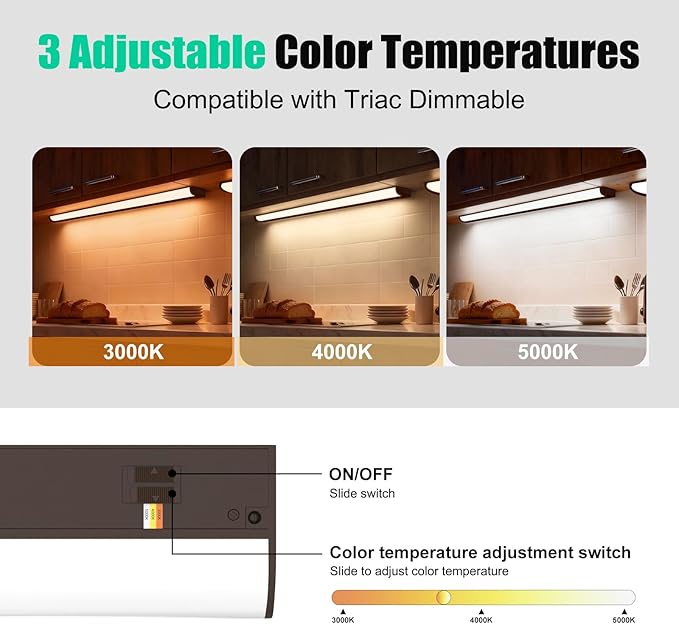 30 Inch LED Under Cabinet Light, Plug in Kitchen Lighting, 3CCT Selectable (3000K/4000K/5000K), CRI94 High Color Accuracy, Linkable, Slim Design Dimmable, Brown