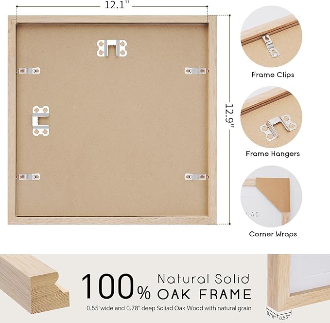 puthiac 12x12 Solid Oak Wood Picture Frame, Fits 8x8 with Mat or 12x12 Without Mat, Wall Display Only, Plexi Front, 3 Pack, Natural Oak