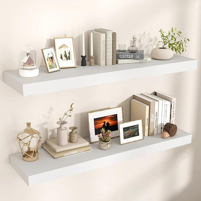 Floating Shelves for Wall, 48" W x 12" D x 2" H, 2 Pack of Long Wall Mounted Engineered Wood Shelves with Invisible Brackets for Living Room, Bedroom, Bathroom, Kitchen Decor, White