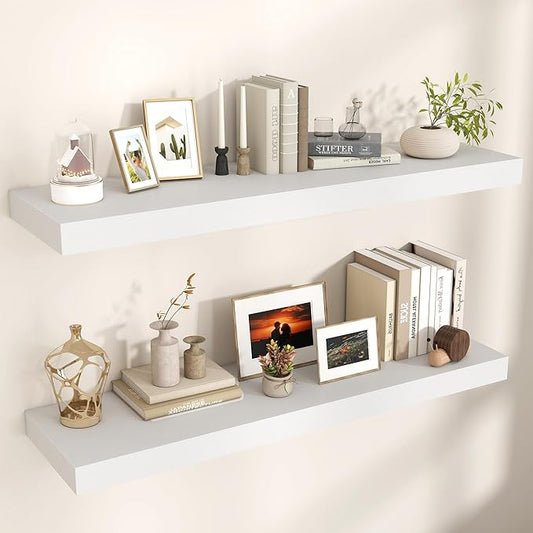 Floating Shelves for Wall, 48" W x 12" D x 2" H, 2 Pack of Long Wall Mounted Engineered Wood Shelves with Invisible Brackets for Living Room, Bedroom, Bathroom, Kitchen Decor, White