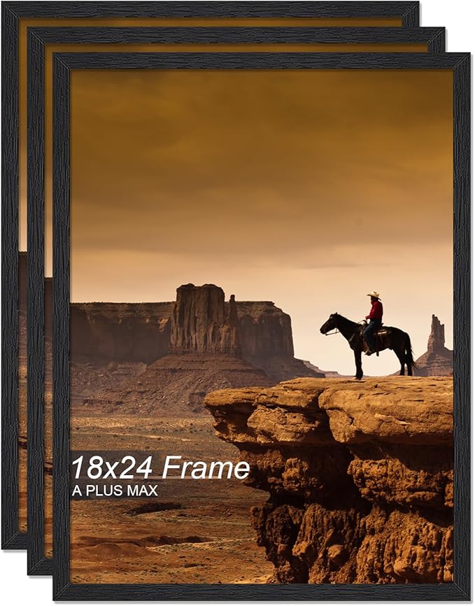 A PLUS MAX 18x24 Picture Frame Set of 3, Black Engineered Wood Frame for 18 x 24 Inch Picture Poster Photo, Light Weight 18 by 24 Frame with Wood-grain for Wall - 3 Pack/Black/18 x24