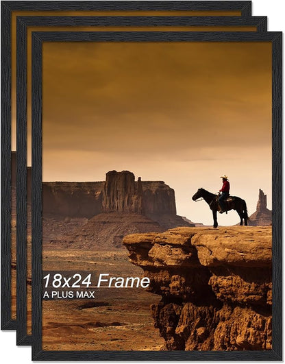 A PLUS MAX 18x24 Picture Frame Set of 3, Black Engineered Wood Frame for 18 x 24 Inch Picture Poster Photo, Light Weight 18 by 24 Frame with Wood-grain for Wall - 3 Pack/Black/18 x24