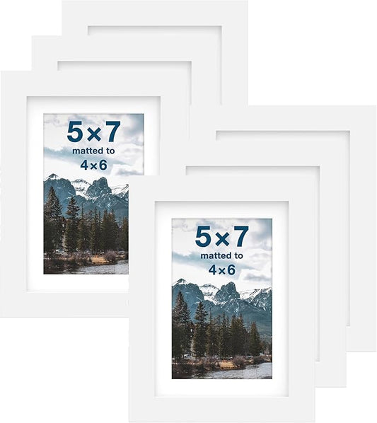 FrameWorks 5x7 mat to 4x6 Classic Wooden Picture Frames Tempered Glass/White / 6-Pack