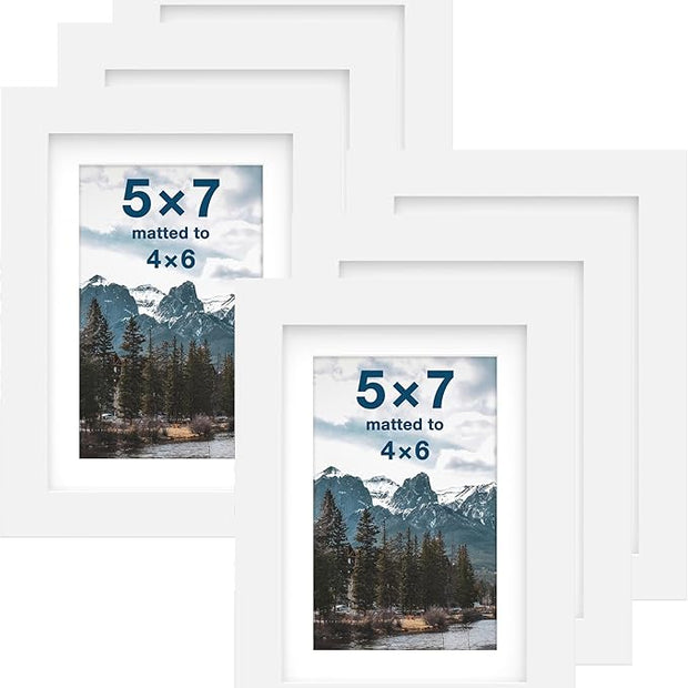FrameWorks 5x7 mat to 4x6 Classic Wooden Picture Frames Tempered Glass/White / 6-Pack
