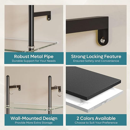 Bestier LED Gaming Floating Shelves for Wall, 15" Wall Mounted Shelf Pipe Glass Shelves, 2 Tier Hanging Display Rack with 6 S-Hooks Towel Bar, Gaming Room Decor Shelf, Carbon Fiber Black