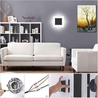 Kawell 10W Square Acrylic LED Wall Sconce Non-Dimmable Hardwired Black Wall Light Fixture for Bedroom, Living Room, Hallway Indoor Lighting, 6000K