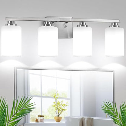 Brushed Nickel 4-Light Bathroom Light Fixtures, 27" Modern Vanity Lights Over Mirror with Milky White Frosted Glass Shade, Classic Wall Light Fixture for Mirror Living Room Cabinet Bedroom Porch