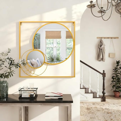 Gold Metal Mirror Set, Square Large Wall Mounted Mirror Golden Modern Artistic Decorative Mirrors for Bedroom Living Room Entryway 30x30 Inch Decor