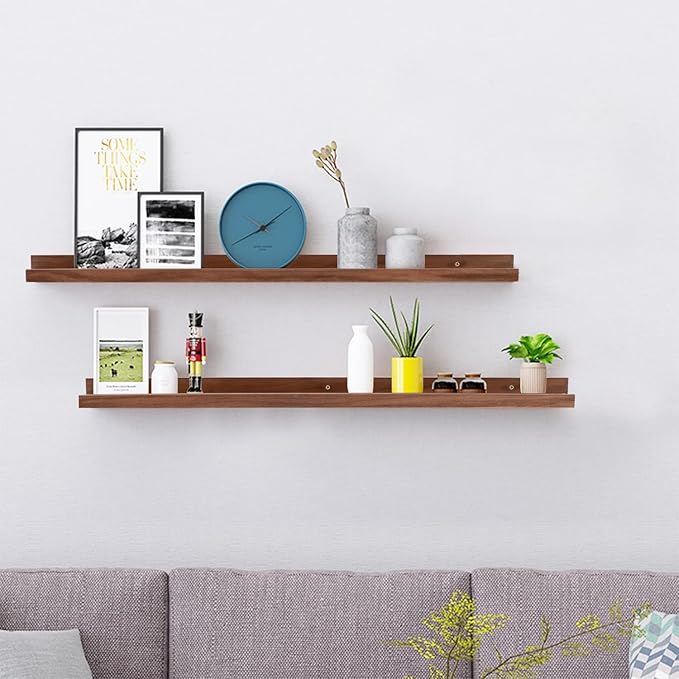 AZSKY Light Walnut Color Wood Wall Floating Shelves for Wall 36 Inch Bookshelf Wall Mount Picture Photo Frames Display Rack with Ledge Decorative Storage Shelves a Set of 2