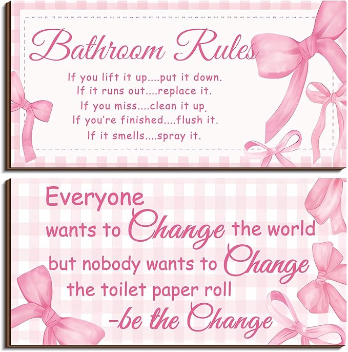 Jetec 2 Pieces Funny Bathroom Signs Bathroom Wall Decor Toilet Wall Accessories Farmhouse Toilet Rustic Wooden Signs, 12x6 Inch(Pink Bow Style)
