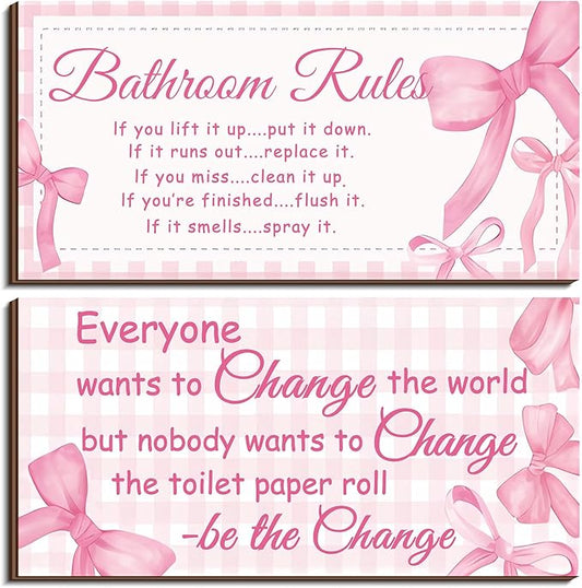 Jetec 2 Pieces Funny Bathroom Signs Bathroom Wall Decor Toilet Wall Accessories Farmhouse Toilet Rustic Wooden Signs, 12x6 Inch(Pink Bow Style)