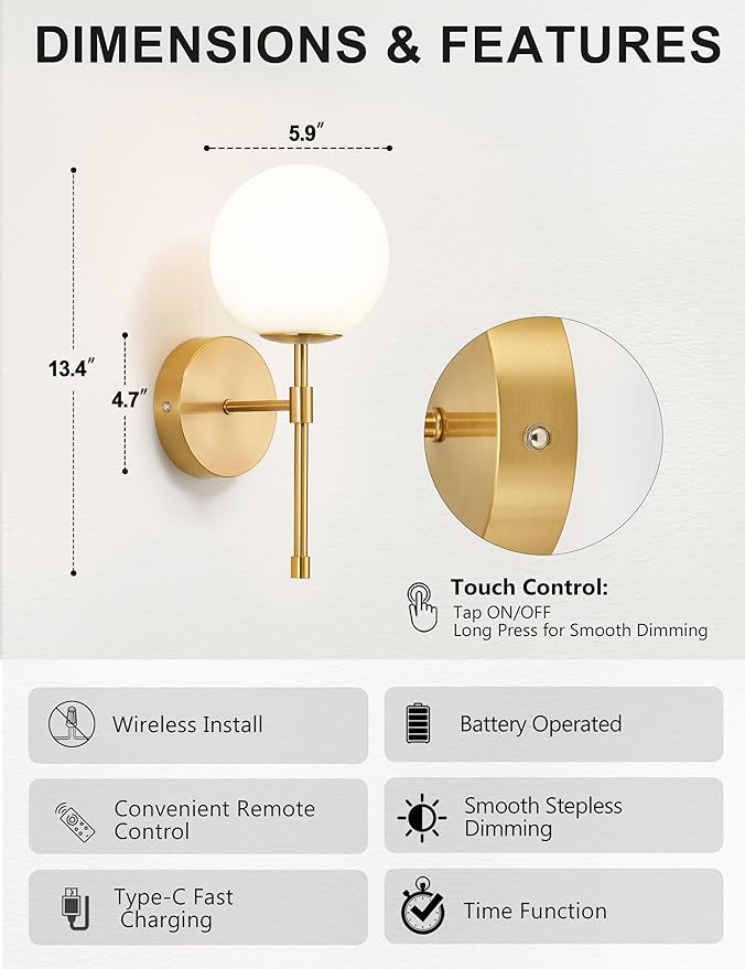 Battery Operated Wall Sconces Set of 2, Glass Globe Wireless Lights with Remote & Touch Control, Rechargeable Brushed Gold Sconce, 3 Color Dimmable Ambient Lighting for Bedroom Living Room