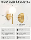 Battery Operated Wall Sconces Set of 2, Glass Globe Wireless Lights with Remote & Touch Control, Rechargeable Brushed Gold Sconce, 3 Color Dimmable Ambient Lighting for Bedroom Living Room
