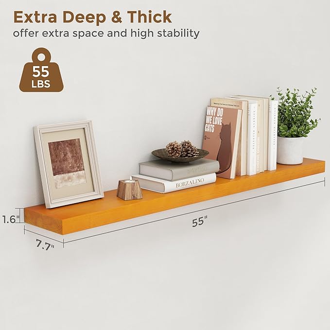 Marsmiles Wood Floating Shelves | 55 Inch Rustic Honey Oak Wall Shelves Set of 2 | 55
