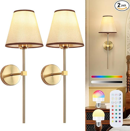 Battery Operated Wall Sconces Sets of 2,Indoor not Hardwired White Fabric lampshade Fixtures,Rechargeable Wireless 10 Colors Wall Lights with Dimmable Remote Control,for Bedroom Living Room