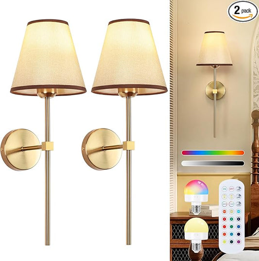 Battery Operated Wall Sconces Sets of 2,Indoor not Hardwired White Fabric lampshade Fixtures,Rechargeable Wireless 10 Colors Wall Lights with Dimmable Remote Control,for Bedroom Living Room
