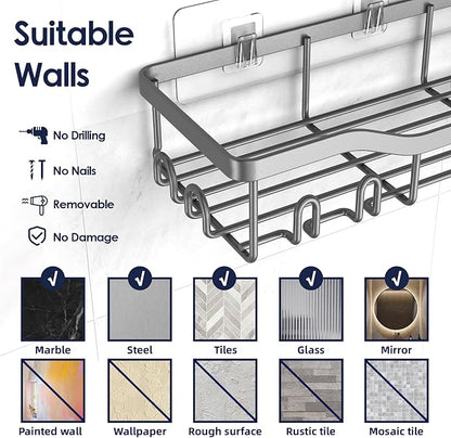 Shower Caddy Adhesive Shower Organizer 7-Pack, Rustproof Stainless Steel Bathroom Shelves, Large Capacity No-Drill Rack Storage Accessories with Soap Dish Toothbrush Holder Hooks