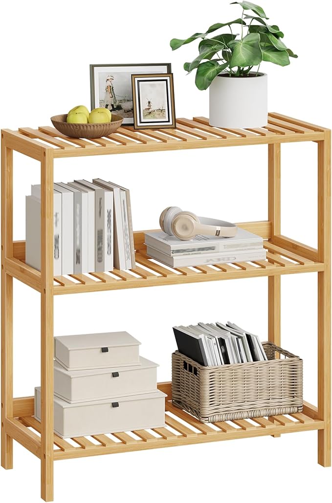HOOBRO Bamboo Storage Shelf, 3-Tier Freestanding Shelving Unit, Multifunctional Storage Rack with Back Panel, 23.6 x 10.2 x 26 inches, for Bathroom, Living Room, Balcony, Kitchen, Natural YL94CJ01