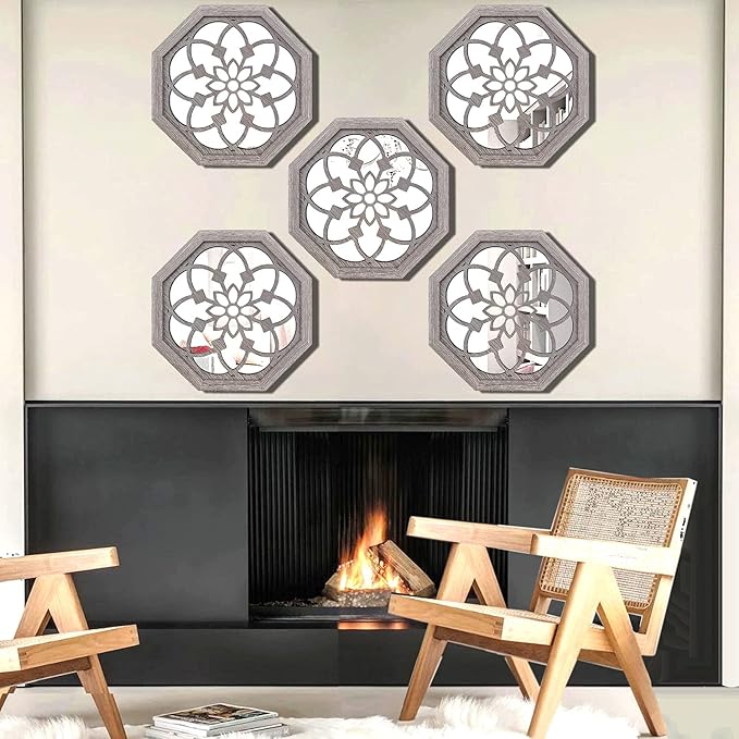 2 PCS Octagon Wall-Mounted Mirrors,Vintage Farmhouse Mirror for Wall Decor,Barn Wood Color Decorative Accent Mirror for Foyer, Bathroom, Bedroom. (12”x12”)