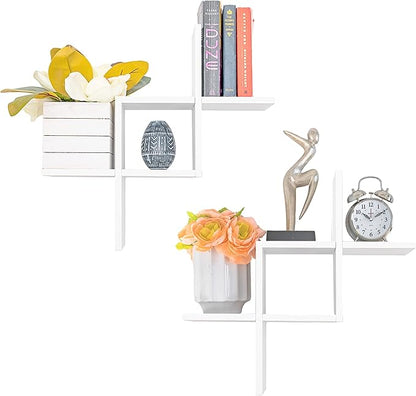Greenco Set of 2 Criss Cross Intersecting Wall Mounted Floating Shelves- Natural Finish