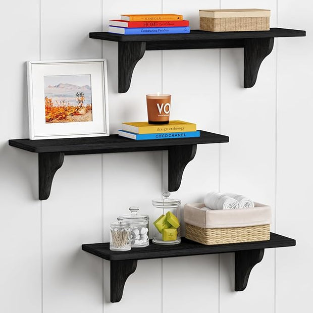 Forbena Wall Mounted Shelves for Bedroom 24 Inches Long, 8 Inch Deep Floating Shelves for Wall, Large Hanging Arched Shelf for Kids Bathroom Living Room Office Decor Plants Books (3-Pack, Black)