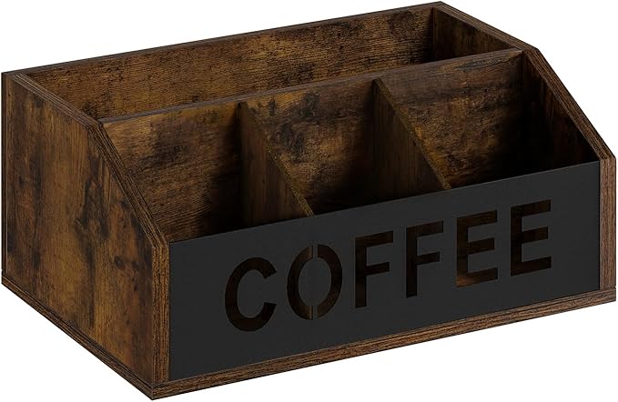 YINMIT Coffee Station Organizer for Countertop, Wood Coffee Bar Organizer with Removable Dividers for Pods, Syrup, Cups, Stirrer, Tea - Office Bar Accessories, Iron Sheet-Vintage Brown