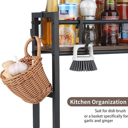 Meangood Spice Rack Shelf for Kitchen Stove, Over the Stove Shelf with 4 Hooks Extra Storage Countertop, Rustic Wood & Solid Metal Commbined Stove Shelf for Storage Seasoning, Easy to Assemble