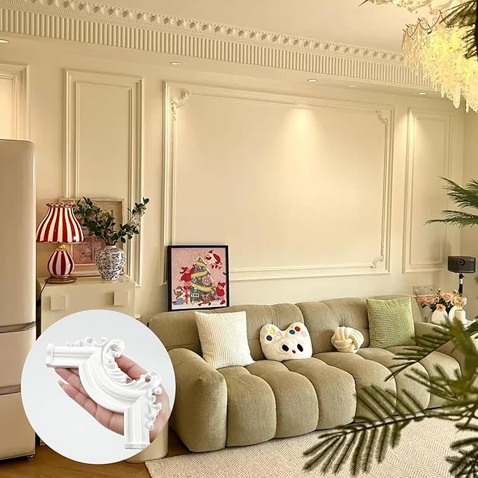 French Style 3D Floral PVC Panels - 6.1INx6.1IN.Self-Adhesive Corner Molding for DIY Wainscoting & Furniture Decor (2PCS,White)
