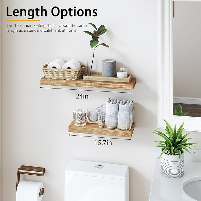 INHABIT UNION Oak Floating Shelves Wood for Wall 15.7in Wall Mounted Display Ledge Shelves Perfect for Bedroom, Bathroom, Living Room and Kitchen Decoration Storage (Set of 2)