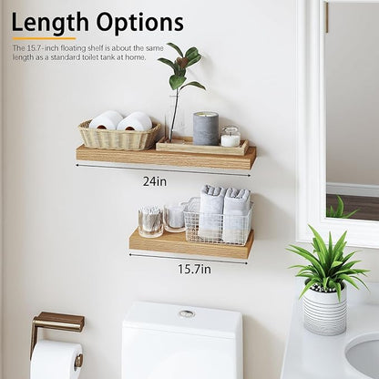 INHABIT UNION Oak Floating Shelves Wood for Wall 15.7in Wall Mounted Display Ledge Shelves Perfect for Bedroom, Bathroom, Living Room and Kitchen Decoration Storage (Set of 2)
