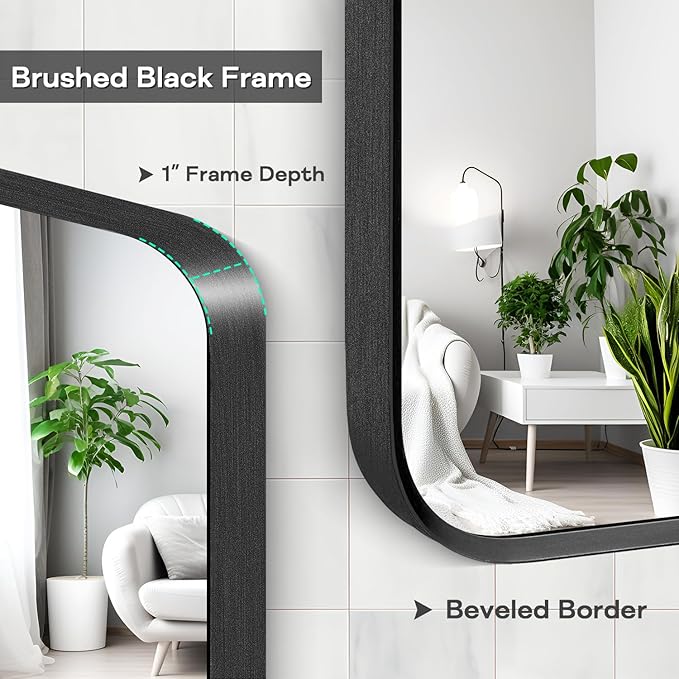 Black Metal Framed Bathroom Mirror for Wall, Large Brushed Matte Black Rounded Corner Rectangular Bathroom Vanity Mirror, Anti-Rust, Tempered Glass (28