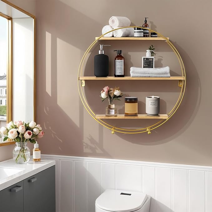 Round Wall Shelf Gold, 3 Tier Metal & Wood Circle Shelf Set, Round Shelves Wall Decor for Living Room,Bedroom,Bathroom (Gold)