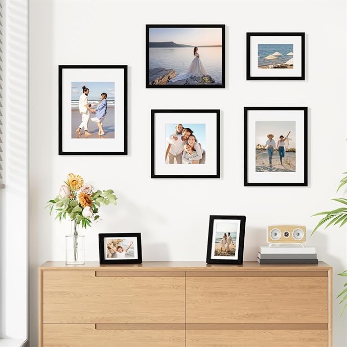 Vittanly 12x12 Picture Frames Set of 9, Shatter Resistant Plexiglass, Display 8x8 Pictures with Mat or 12x12 without Mat, Photo Frames for Wall Mount, Engineered Wood, Black