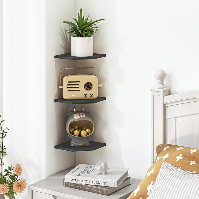 Fun Memories Corner Shelf Wall Mount, Floating Corner Shelves, Set of 3 Corner Wall Shelf Organizer, Rustic Wood Wall Storage Display Shelves for Living Room Bedroom Bathroom Kitchen, Classic Black