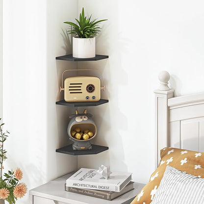 Fun Memories Corner Shelf Wall Mount, Floating Corner Shelves, Set of 6 Corner Wall Shelf Organizer, Rustic Wood Wall Storage Display Shelves for Living Room Bedroom Bathroom Kitchen, Classic Black