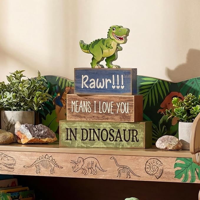 4 Pcs Dinosaur Table Decorations Wooden Dinosaur Decor Dino Safari Party Centerpieces for Table Jungle Animal Theme Baby Shower Tabletop Stand for Boys Girls Birthday Party Decorations