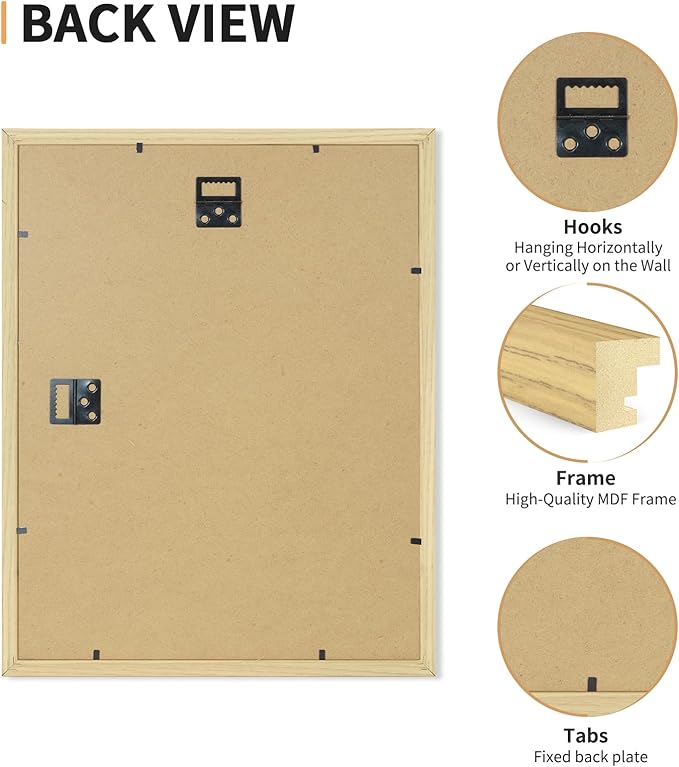 ATOBART 11x14 Picture Frame Set of 4, Displays 8x10 with Mat or 11x14 Without Mat, Photo Frames for Wall Hanging or Tabletop, Includes HD Plexiglass, Natural Wood Grain