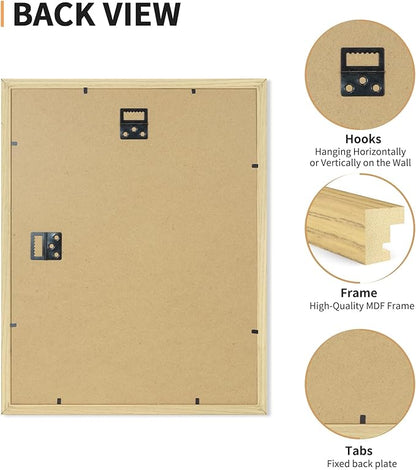 ATOBART 12x16 Picture Frame Set of 4, Displays 8x10 with Mat or 12x16 Without Mat, Photo Frames for Wall Hanging or Tabletop, Includes HD Plexiglass, Natural Wood Grain