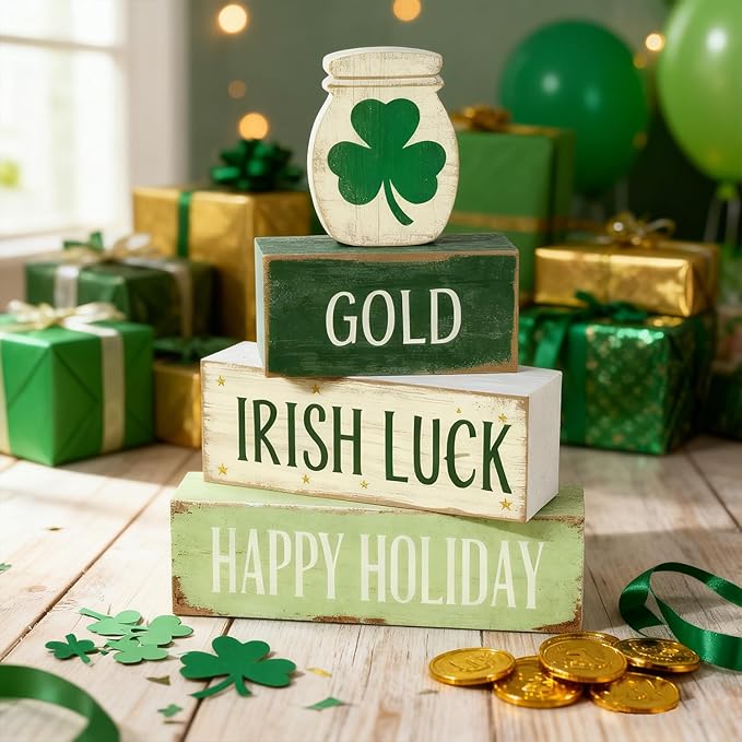 St. Patrick’s Day Decorations - St Patrick Day Irish Luck Tiered Tray Decor Set - Wooden Shamrock Tabletop Decoration - Rustic Farmhouse Holiday Home Decor for Indoor Shelf Mantel Coffee Table Gift