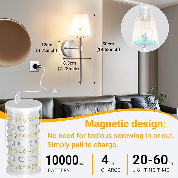 Peel and Stick Wall Sconces, Stick On Wall Sconce Set of 2, Battery Operated Wireless Wall Light, No Drill Adhesive Wall Lamp, Corn Bulb with 10000mAh Rechargeable Battery, Bedroom Wall Decor