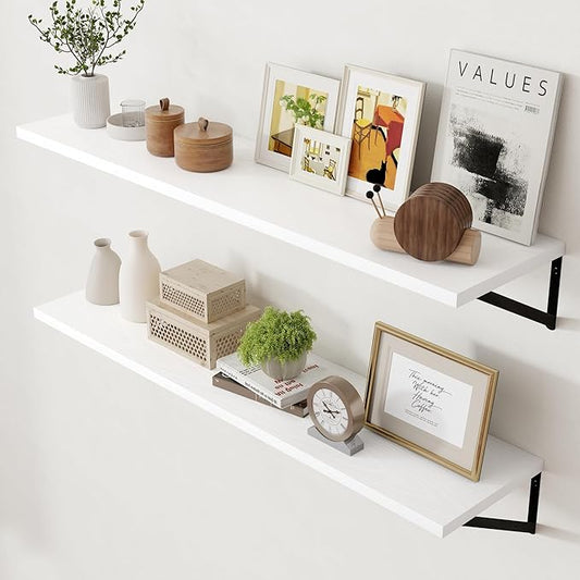 Axeman Floating Shelves for Wall White - 48 Inch Wide x 12 Inch Deep Wall Shelves Set of 2 - White Deep Wood Floating Shelves for Living Room Bedroom Laundry Room